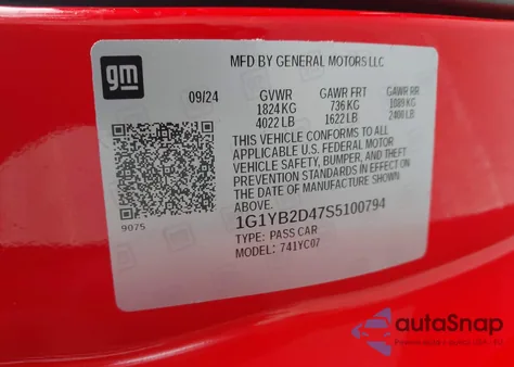 2025 Chevrolet Corvette Stingray Rwd 2Lt из США, поврежденный, VIN 1G1YB2D47S5100794